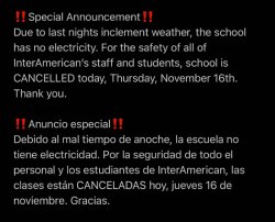 School CANCELLED today, Thursday, November 16th